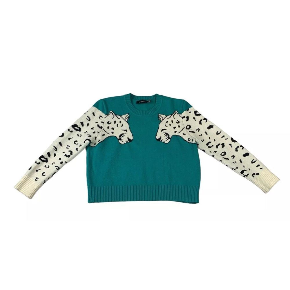 MINKPINK Teal Sweater with Cream Leopard-Print Sleeves